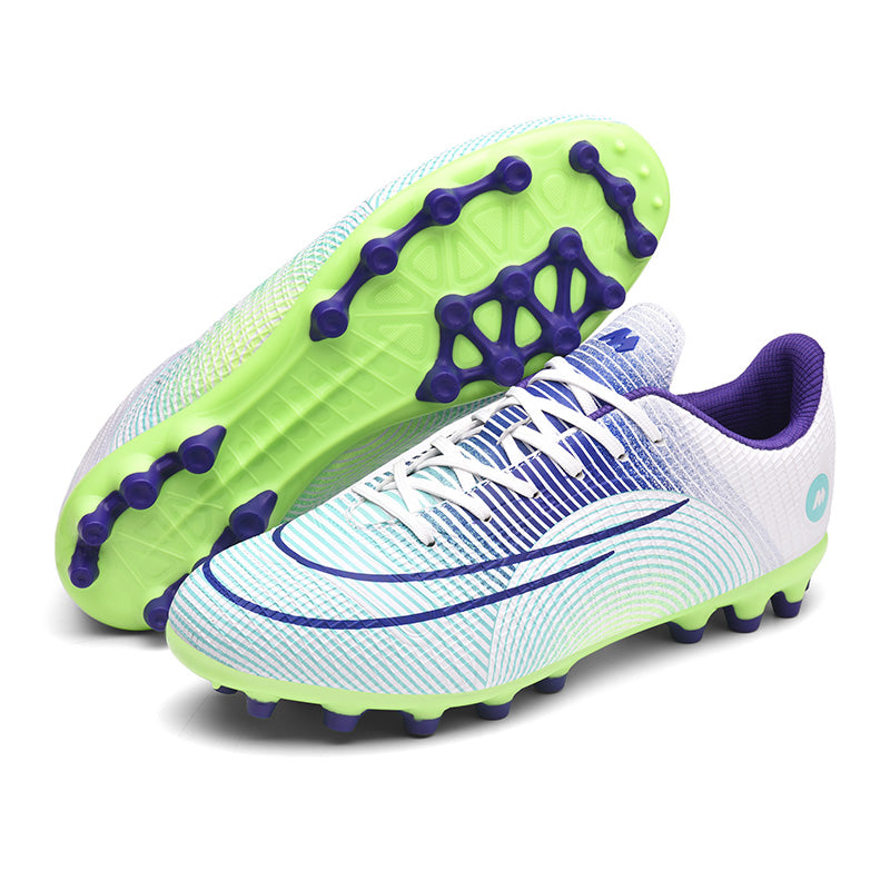 Low Cut AG Soccer Cleats, Lace-Up Grid Embossed Synthetic Football Boots, Curved Gradient Streamline M Circle Logo Lightweight Competition Athletic Shoes for Outdoor Long-Blade Artificial Turf Matches-zusheng7168