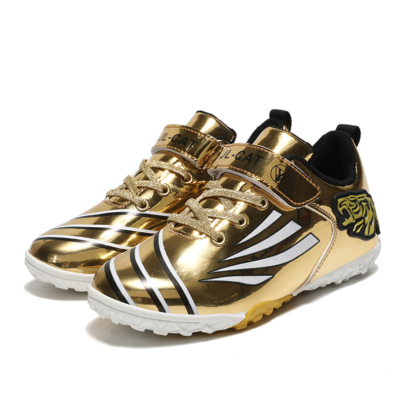 Turf Soccer Cleats, Velcro Easy On Hidden Elastic Laces Metallic Shiny Synthetic Football Shoes, Roaring Tiger Patch Streamline Stripe Lightweight Youth Training Athletic Boots for Indoor Hard Courts & Short Artificial Turf-zusheng109