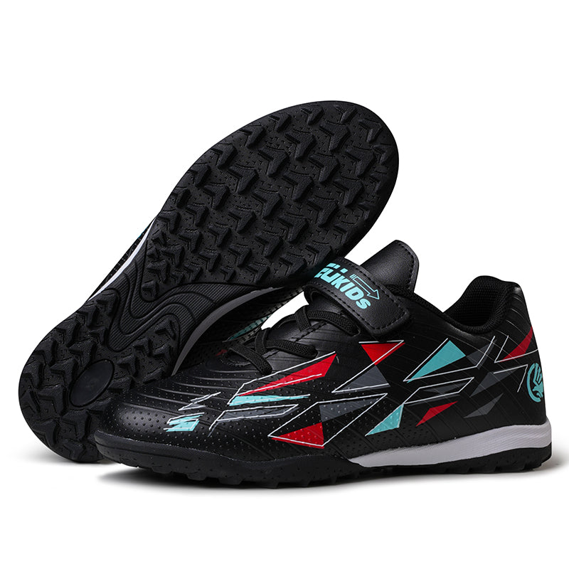 TF Turf Soccer Cleats, Velcro Strap Easy On Lace-Up Synthetic Football Shoes, Colorful Geometric Triangle Print Lightweight Youth Training Athletic Boots for Indoor Hard Courts & Short Artificial Turf-zusheng782
