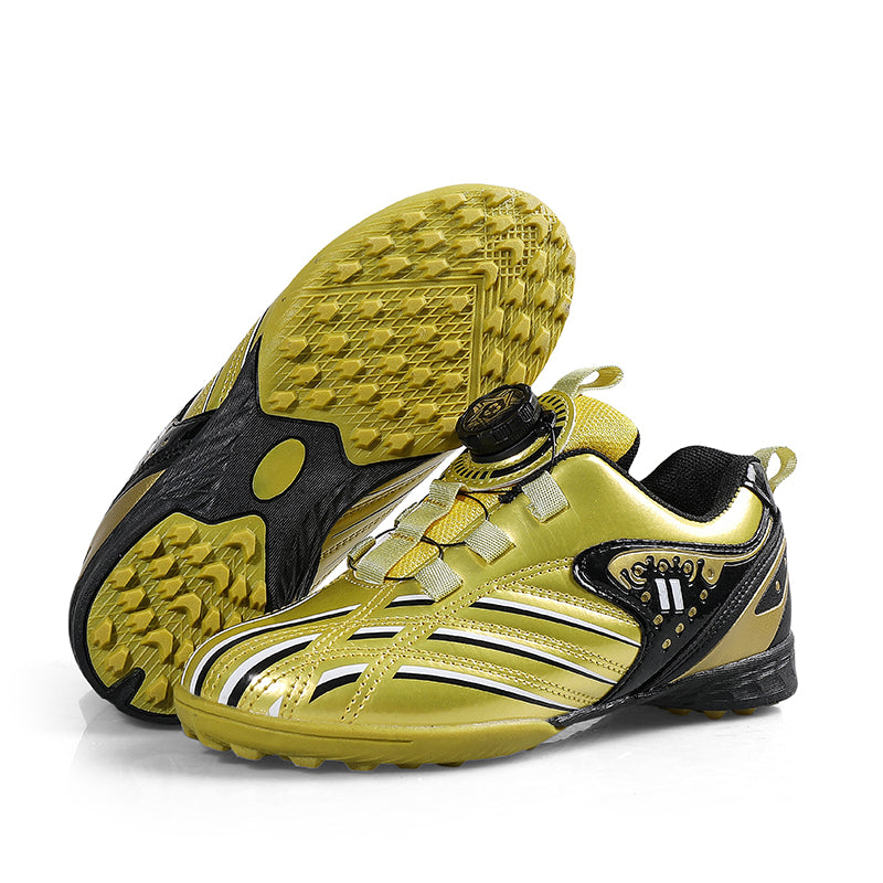 TF Turf Soccer Cleats, Rotary Knob Auto Quick Lace Glossy Striped Synthetic Leather Football Shoes, Non-Marking Grid Rubber Training Cleats for Children Indoor Courts & Short Artificial Turf-Xinma3028