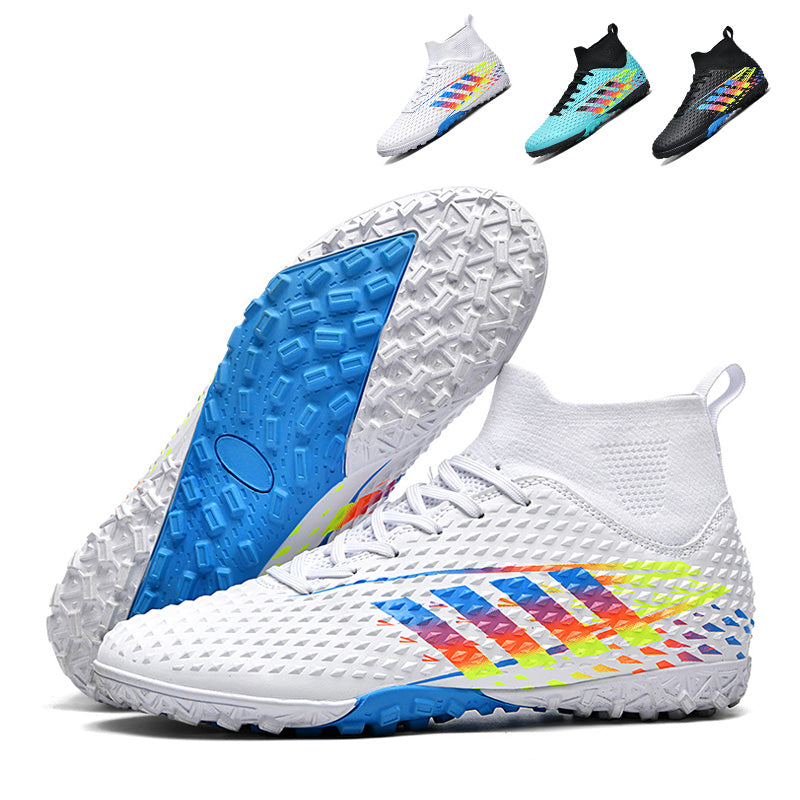 Men's High-Top Soccer Cleats - Textured Upper TF Turf Football Boots with Rainbow Stripes for Training & Match-WEJIESS266