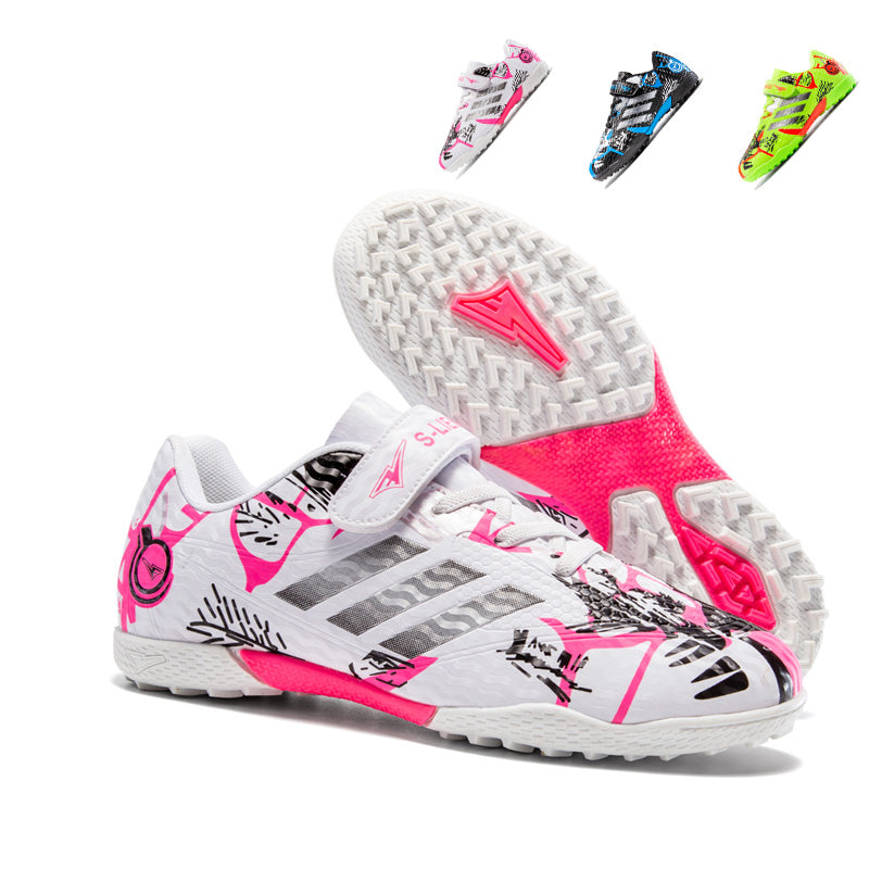 Kids TF Soccer Cleats with Strap, Boys & Girls Artificial Grass Football Shoes, Breathable Graffiti Training Sneakers-X2509