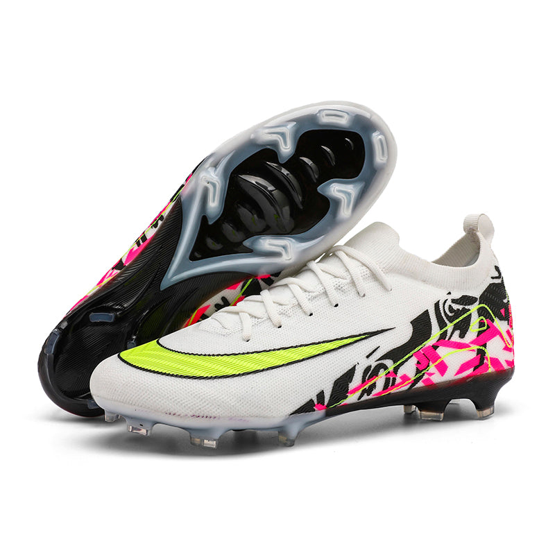 Artificial Grass Soccer Cleats, High-Top Sock Ankle Football Shoes with Swoosh Abstract Print, Breathable Knit Athletic Boots for Outdoor Synthetic Turf-Hxh806J