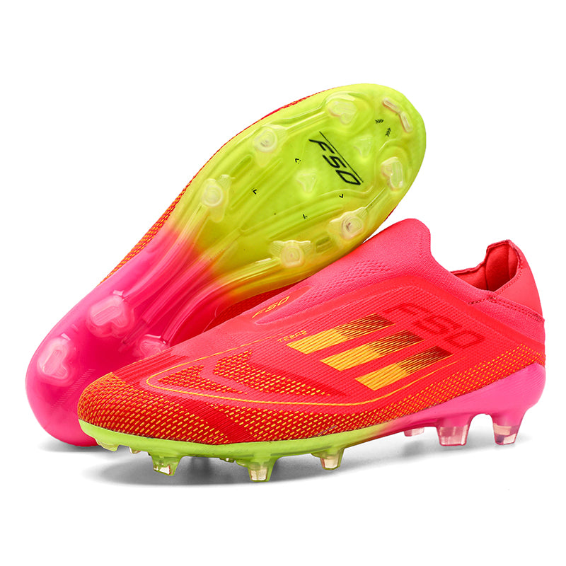 Artificial Grass Soccer Cleats, Laceless Slip-On Mid Sock Ankle F50 Football Boots, Gradient Knit Breathable Athletic Shoes for Outdoor Long-Blade Synthetic Turf Matches-zusheng2525