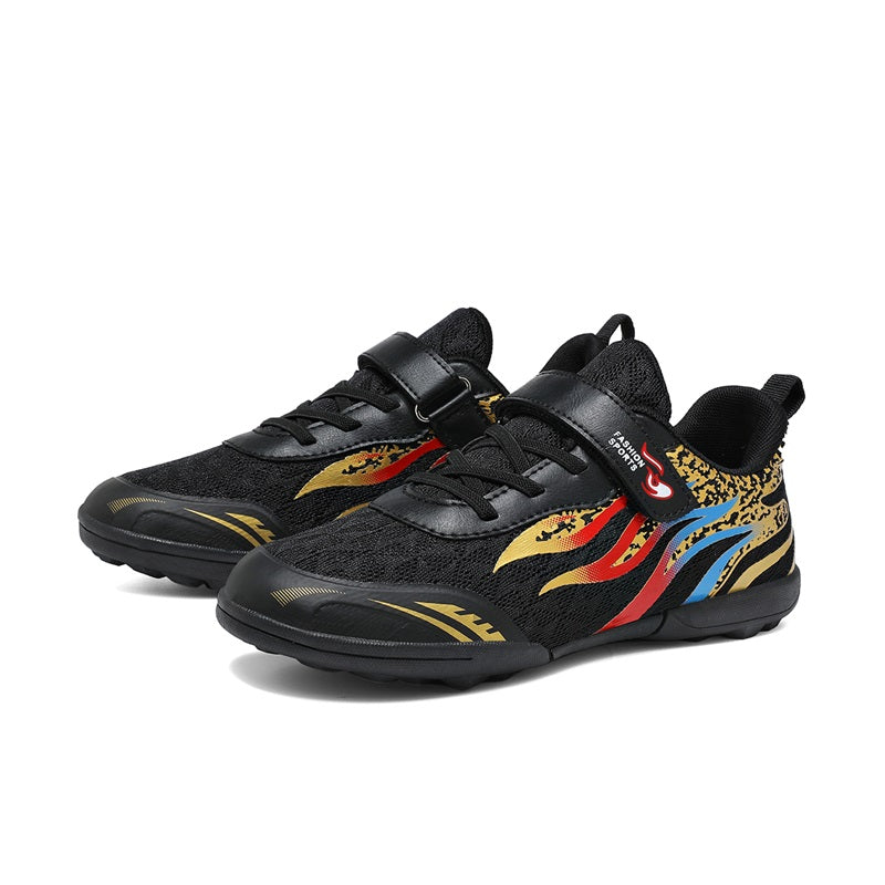 Kids' TF Turf Soccer Cleats, Breathable Mesh Football Shoes, Flame Print with Velcro Anti-Slip Training Sneakers for Boys &amp; Girls-Hxh303