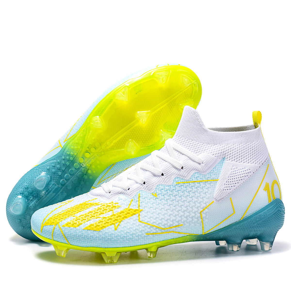 High Ankle Sock AG Soccer Cleats, Lace-Up Breathable Knit Mesh Number 10 Geometric Line Print Football Boots, Transparent Gradient Conical Hard Stud Professional Competition Cleats for Natural Grass & Long Artificial Turf-Xinma-MX10