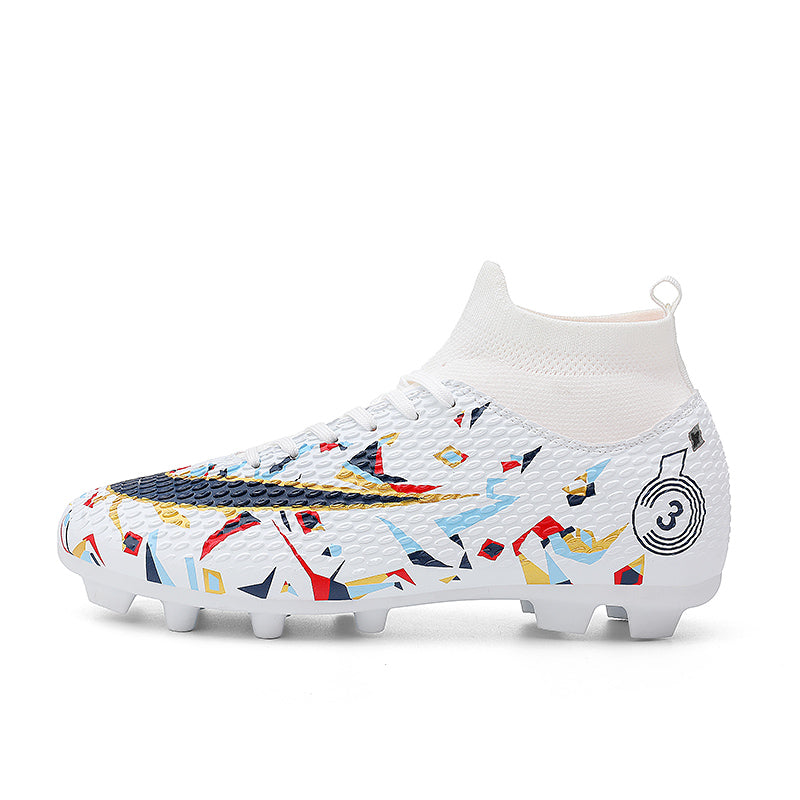 Artificial Grass Soccer Cleats, High-Top Knit Football Shoes, Anti-Slip Geometric Print Athletic Boots for Synthetic Turf-Yinzu905