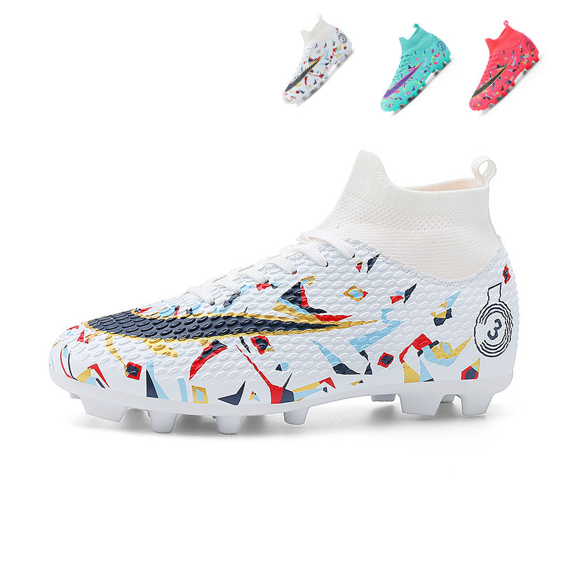 Artificial Grass Soccer Cleats, High-Top Knit Football Shoes, Anti-Slip Geometric Print Athletic Boots for Synthetic Turf-Yinzu905