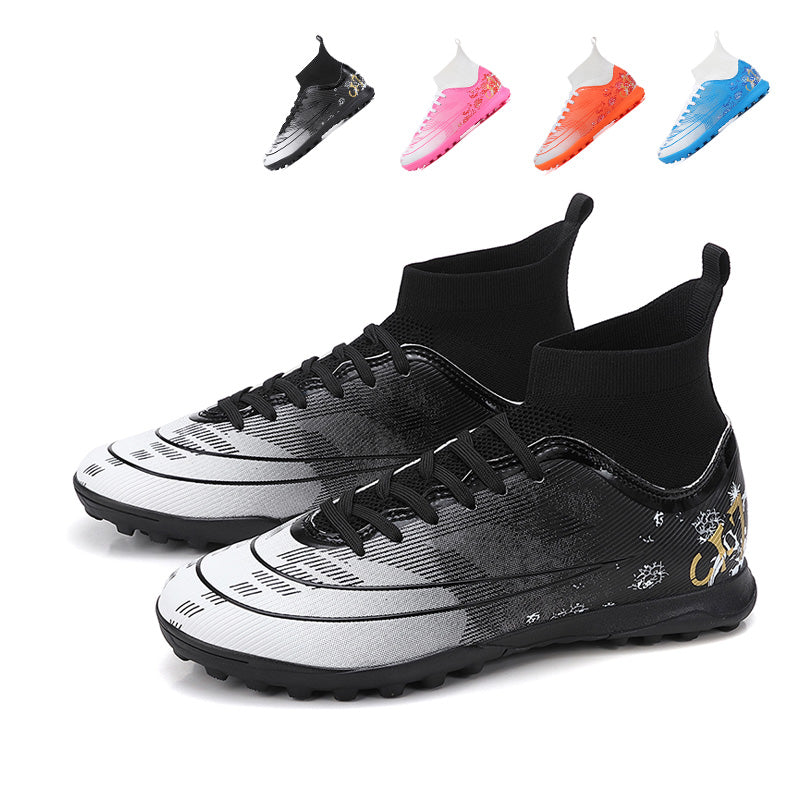Turf Soccer Cleats, CR7 Inspired Floral Gradient High-Top Knit Football Shoes, Anti-Slip Breathable Training Sneakers for Artificial Turf-HxhH2612-1