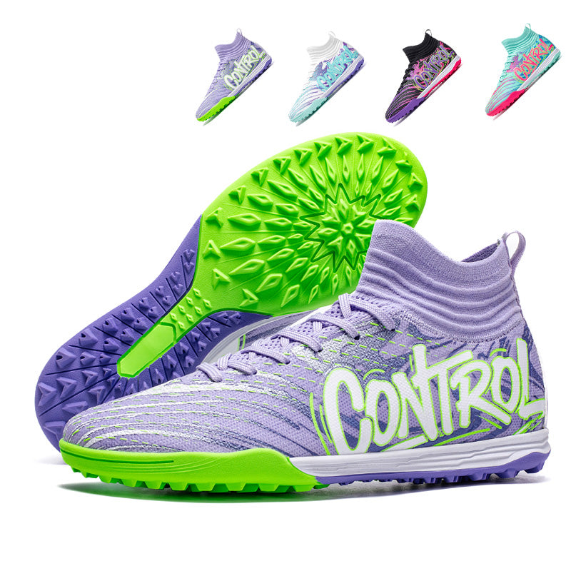 Turf Soccer Cleats, High-Top Knit Football Shoes, Graffiti "CONTROL" Print Anti-Slip Training Sneakers for Artificial Turf-Hxh788G-1