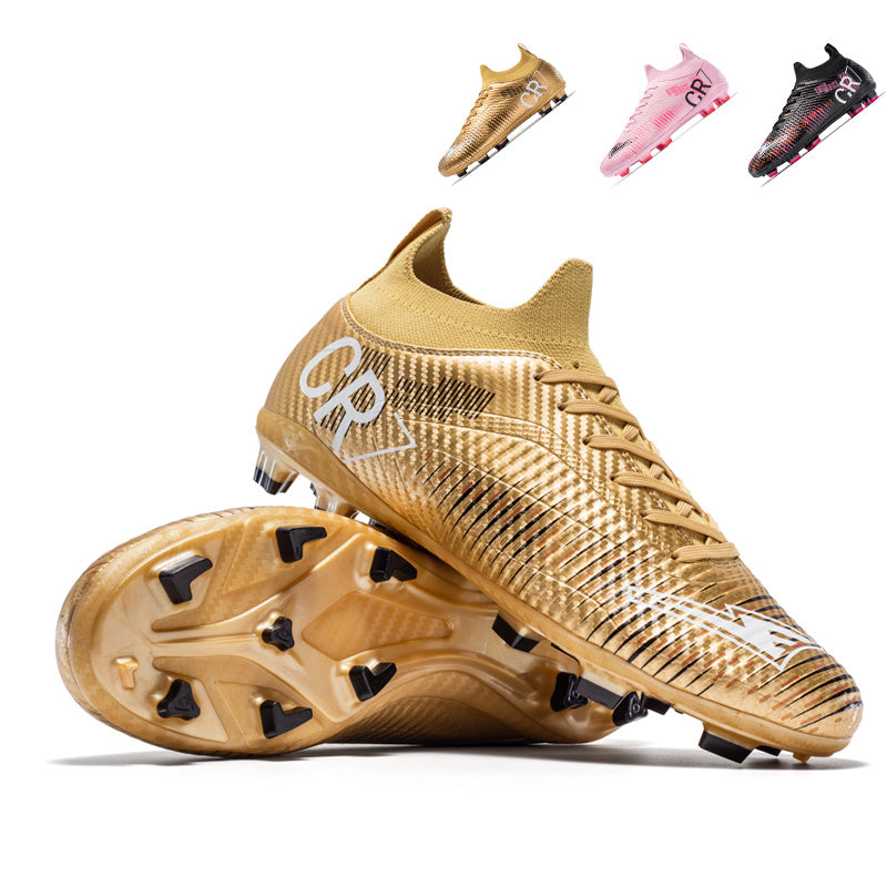 Artificial Grass Soccer Cleats, CR7-Inspired High-Top Knit Football Shoes, Gradient Line Print Anti-Slip Athletic Boots for Synthetic Turf-Hxh-X2502