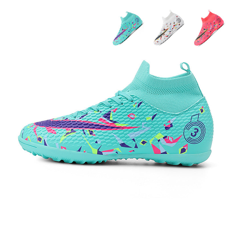 TF Turf Soccer Cleats, High-Top Knit Football Shoes, Non-Slip Geometric Print Athletic Sneakers for Artificial Turf-Yinzu905-1