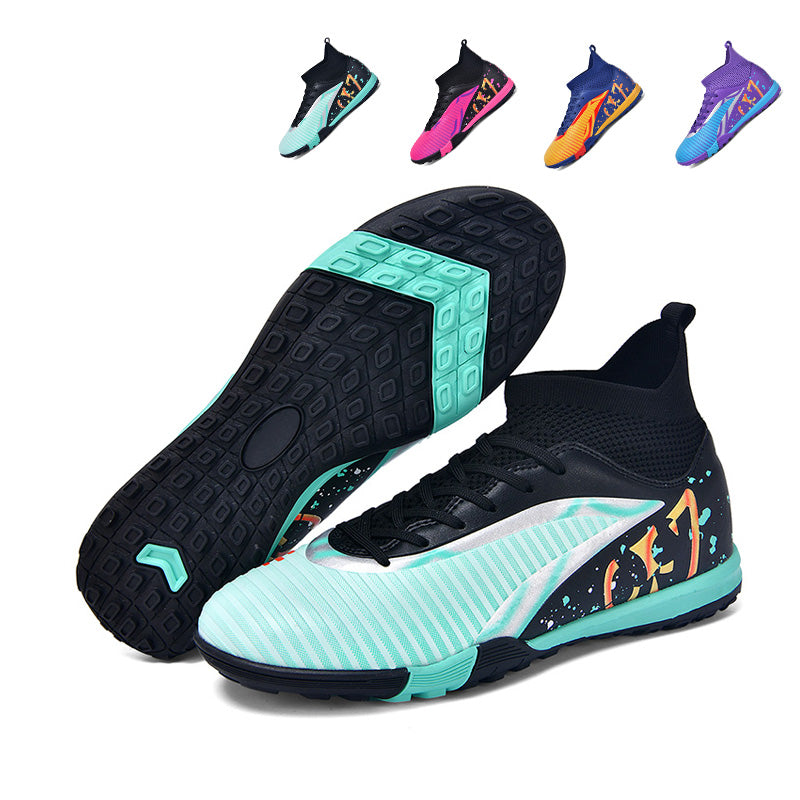Turf Soccer Cleats, CR7 Inspired High-Top Knit Football Shoes, Anti-Slip Breathable Training Sneakers for Artificial Turf-Hxh2611-1
