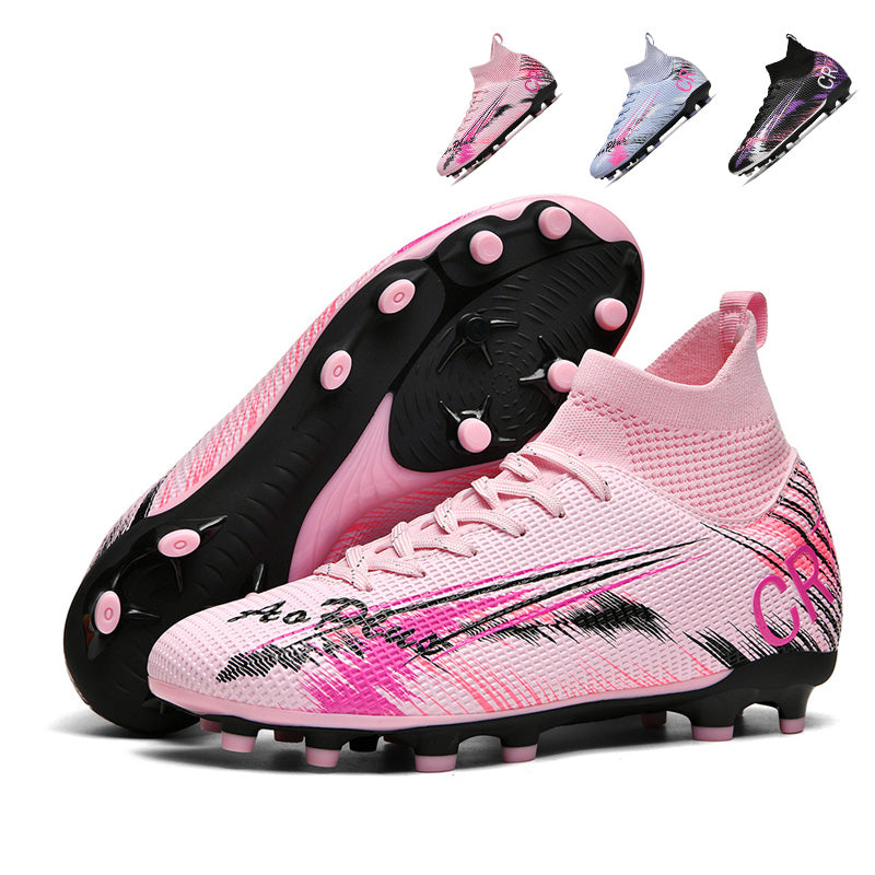Artificial Grass Soccer Cleats, CR7-Inspired High-Top Knit Football Shoes, Graffiti Print Anti-Slip Athletic Boots for Synthetic Turf-Hxh-H003