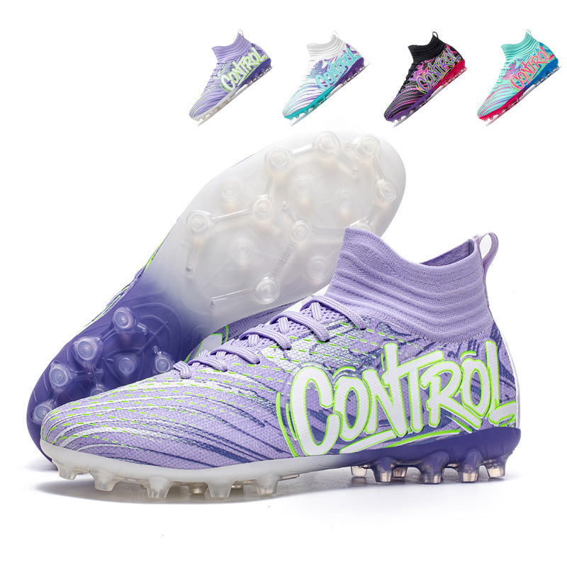 Artificial Grass Soccer Cleats, High-Top Knit Football Shoes, Graffiti "CONTROL" Print Anti-Slip Athletic Boots for Synthetic Turf-Hxh788G