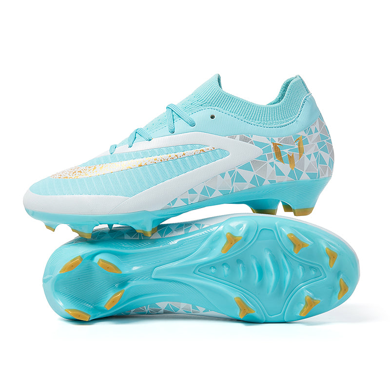 Artificial Grass Soccer Cleats, Messi Inspired Knit Football Shoes, Geometric Print Anti-Slip Athletic Boots for Synthetic Turf-Hxh-A556