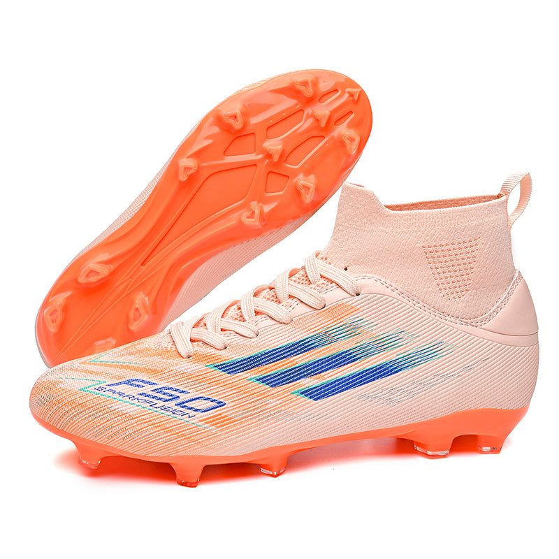 High-Top AG Soccer Cleats, Artificial Grass Football Boots, F50 Graphic Print Breathable Knit Training Sneakers-Yinzu001Y