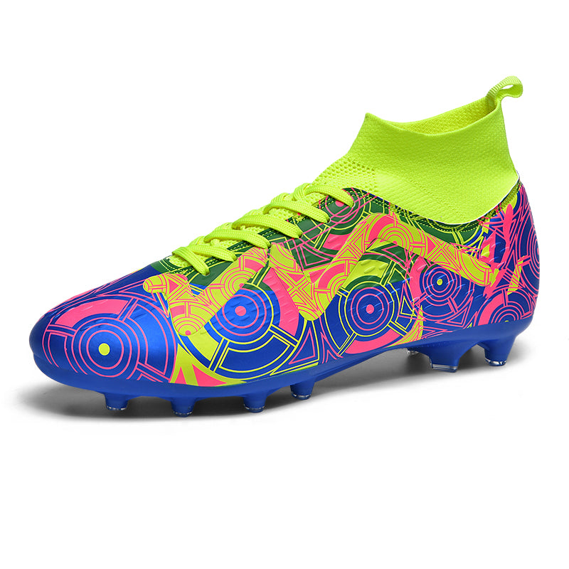 AG Soccer Cleats, Sock‑Collar High‑Ankle Lace‑Up Artificial Grass Football Boots, Geometric Graffiti Print Upper AG‑Stud Soccer Shoes for Adult & Youth Outdoor Synthetic Turf Training & Competition, Multi‑Color Options-xile600