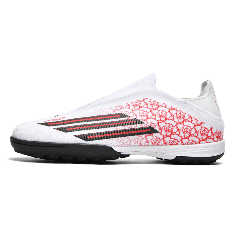 TF Turf Soccer Cleats, Laceless Knit Football Shoes, Rose Floral Print with Three-Stripe Design Anti-Slip Training Sneakers for Artificial Turf-Hxh8553-1