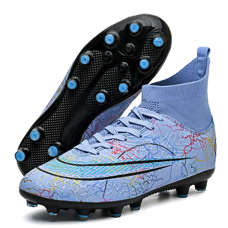 AG High-Top Soccer Cleats, Artificial Grass Football Boots, Breathable Knit Collar with Lightning Print Training Sneakers-Yinzu068