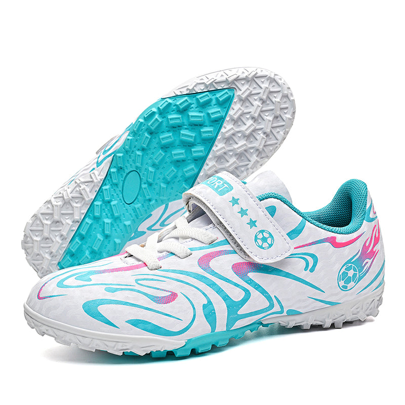 Kids TF Turf Soccer Cleats with Hook & Loop Strap, Boys & Girls Artificial Grass Football Shoes, Breathable Flame Print Training Sneakers for Youth (Multiple Colors)-Yinzu-Y618