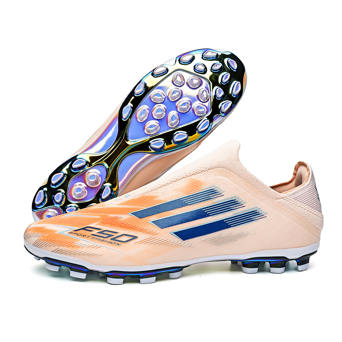 Artificial Grass Soccer Cleats, F50 Inspired Laceless Football Shoes, Iridescent Sole Athletic Boots for Synthetic Turf2566MJ
