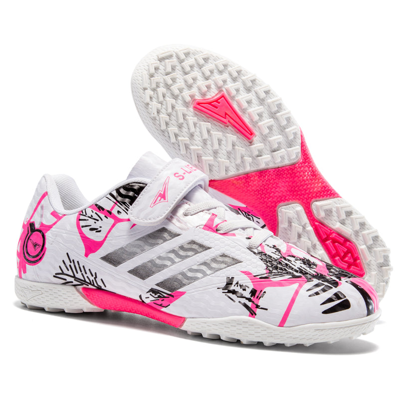 Kids TF Soccer Cleats with Strap, Boys & Girls Artificial Grass Football Shoes, Breathable Graffiti Training Sneakers-X2509