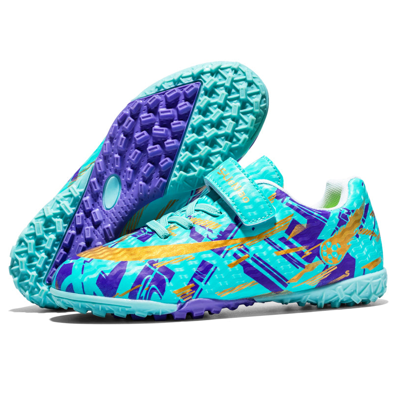 Turf Soccer Cleats with Hook-and-Loop Strap, Abstract Graffiti Print Football Shoes, Youth Non-Slip Training Sneakers-Yinzu-H357