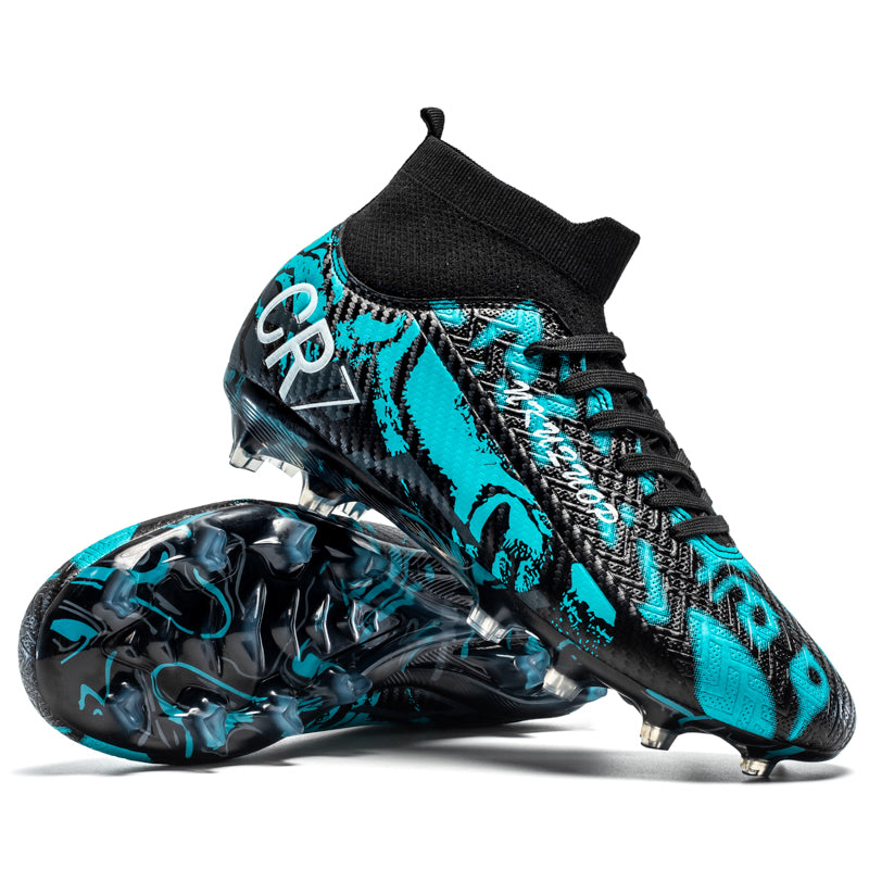 Artificial Grass Soccer Cleats, CR7-Inspired High-Top Knit Football Shoes, Graffiti Print Anti-Slip Athletic Boots for Synthetic Turf-Hxh-X2515