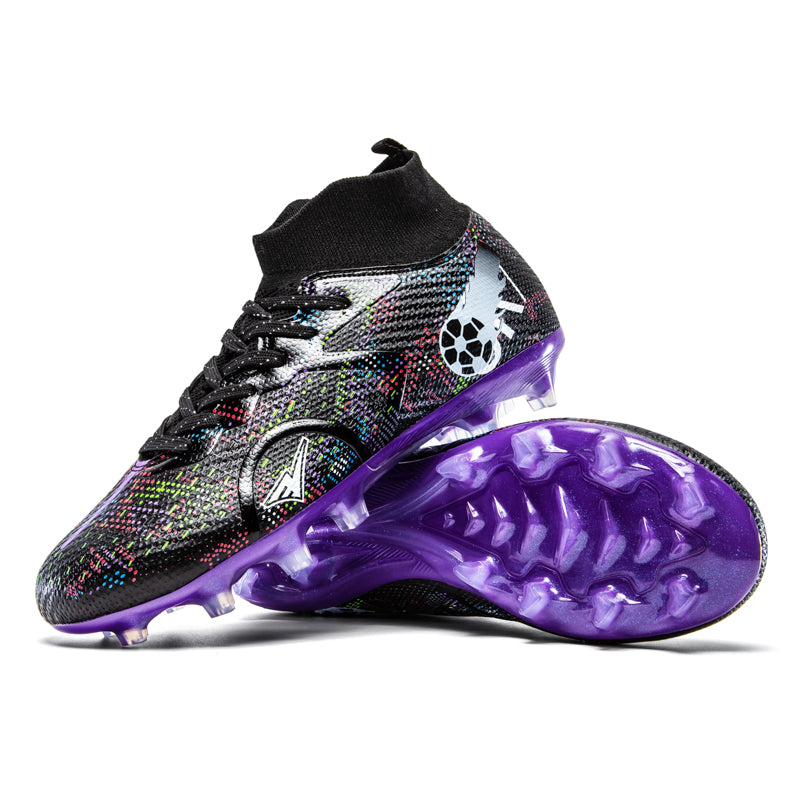 Artificial Grass Soccer Cleats, High-Top Knit Football Shoes, Colorful Graffiti Anti-Slip Athletic Boots for Synthetic Turf-X2506-3