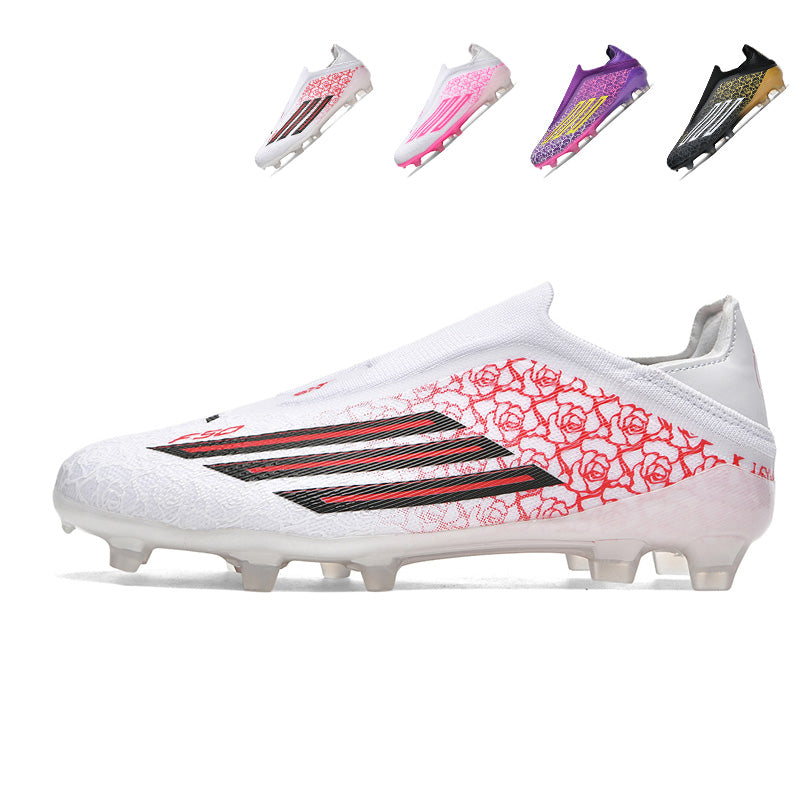 AG Artificial Grass Soccer Cleats, Laceless Knit Football Shoes, Rose Floral Print with Three-Stripe Design Anti-Slip Athletic Boots for Synthetic Turf-Hxh8553