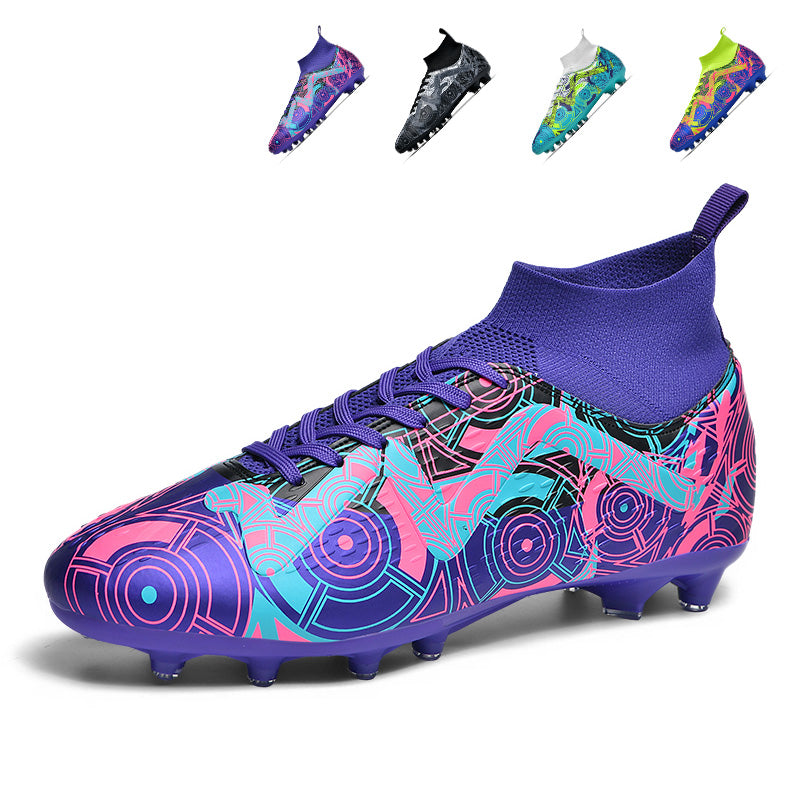 AG Soccer Cleats, Sock‑Collar High‑Ankle Lace‑Up Artificial Grass Football Boots, Geometric Graffiti Print Upper AG‑Stud Soccer Shoes for Adult & Youth Outdoor Synthetic Turf Training & Competition, Multi‑Color Options-xile600