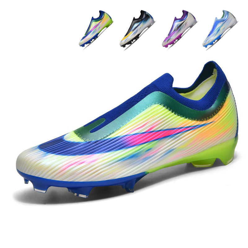 Laceless AG Soccer Cleats, Slip‑On Artificial Grass Football Boots, Gradient Metallic Lightweight Breathable Athletic Soccer Shoes for Youth Boys Men Outdoor Artificial Grass Training & Matches, Multiple Color Options-junhao-YCH99-1