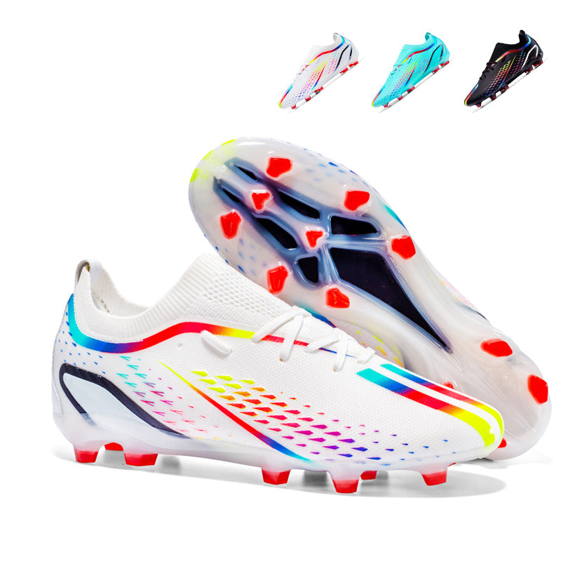 Low Sock TF Turf Soccer Cleats, Lace-Up Breathable Woven Mesh Gradient Diamond Dot Football Boots, Rainbow Color Strip Lightweight Training Athletic Shoes for Indoor Hard Courts & Short Artificial Turf-zusheng2036-1