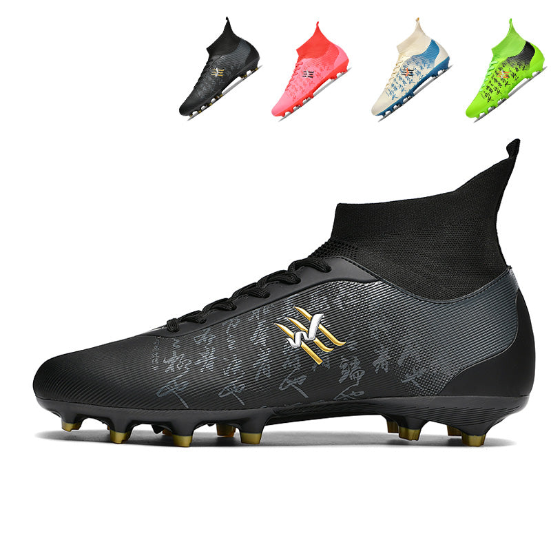 Artificial Grass Soccer Cleats, High-Top Chinese Calligraphy Print Football Shoes, Anti-Slip Athletic Boots for Synthetic Turf-Hxh-ZJ883-1