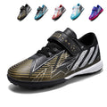 TF Turf Soccer Cleats, Hook-and-Loop Strap Easy-On Geometric Gradient Synthetic Leather Three Stripes Football Shoes, Non-Marking Pyramid Short Rubber Training Cleats for Children Indoor Hard Courts & Short Artificial Turf-junhao-WH2288