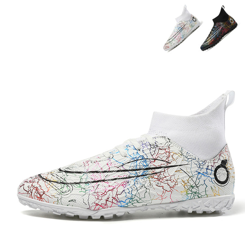 High-Top Turf Soccer Cleats – Colorful Crackle Pattern TF Football Boots, Breathable Athletic Soccer Shoes for Training & Matches, Youth & Adult-WEJIESS-JS28