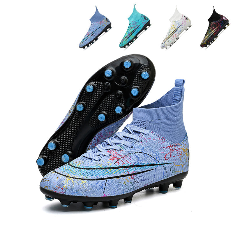 AG High-Top Soccer Cleats, Artificial Grass Football Boots, Breathable Knit Collar with Lightning Print Training Sneakers-Yinzu068