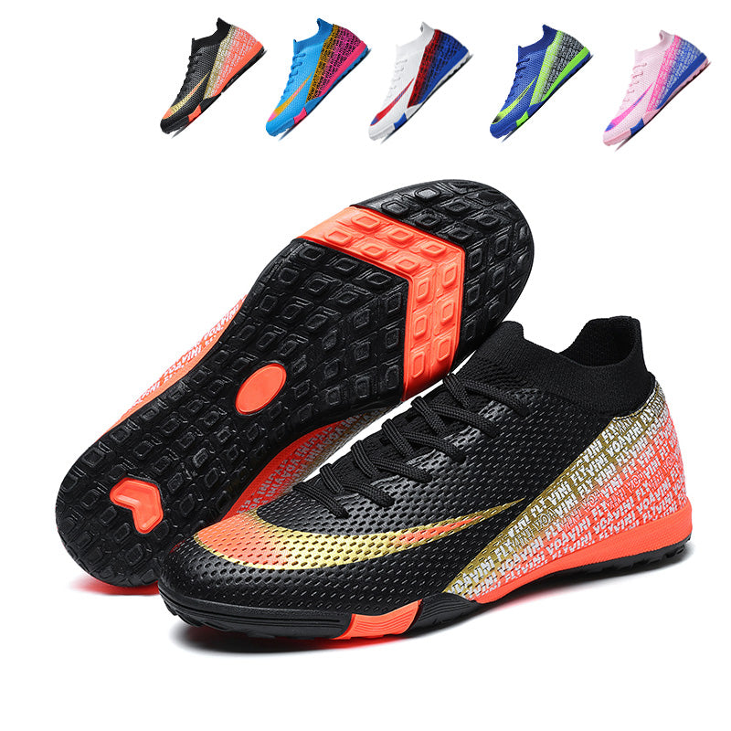 TF High-Top Turf Soccer Cleats, Artificial Grass Football Shoes, Breathable Knit Collar Text Print Training Sneakers for Synthetic Turf (Multiple Colors)-Yinzu563