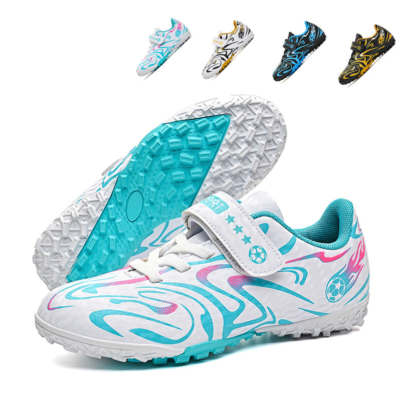 Kids TF Turf Soccer Cleats with Hook & Loop Strap, Boys & Girls Artificial Grass Football Shoes, Breathable Flame Print Training Sneakers for Youth (Multiple Colors)-Yinzu-Y618
