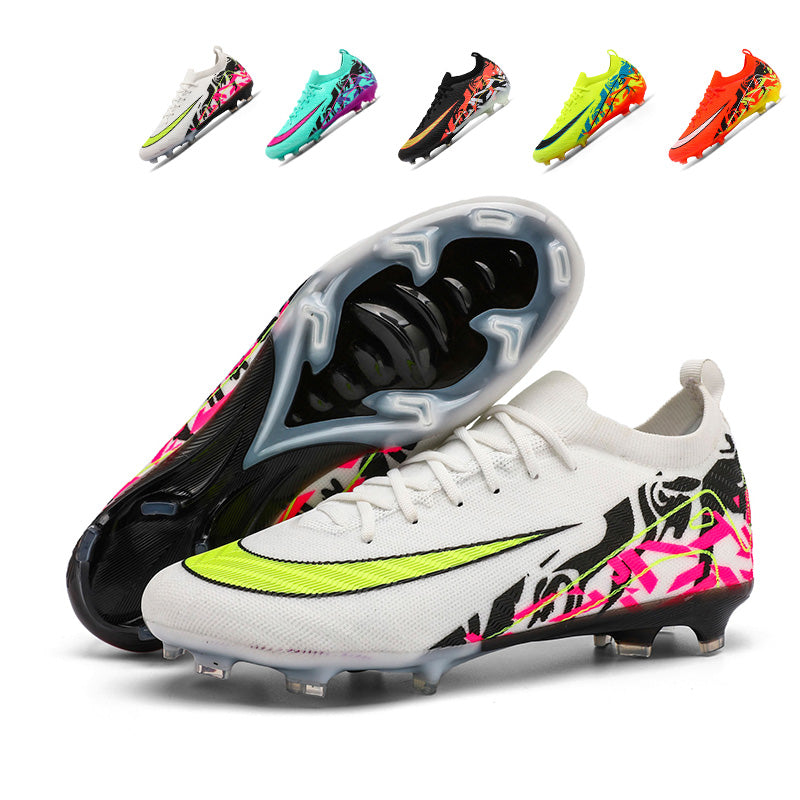 Artificial Grass Soccer Cleats, High-Top Sock Ankle Football Shoes with Swoosh Abstract Print, Breathable Knit Athletic Boots for Outdoor Synthetic Turf-Hxh806J