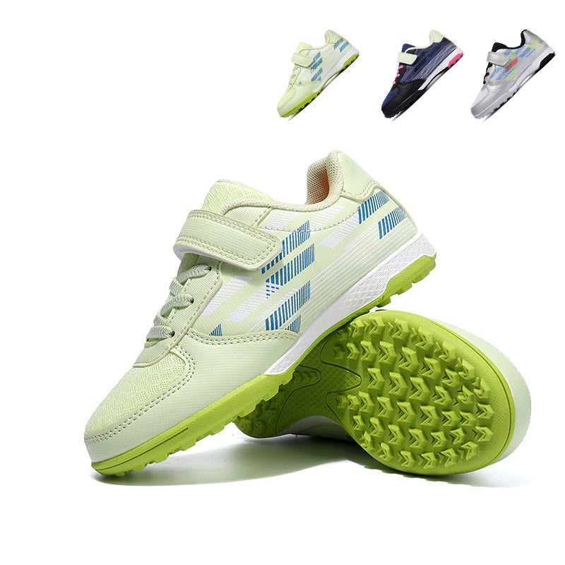 Kids' TF Turf Soccer Cleats, Breathable Mesh Football Shoes, Geometric Stripe Print with Velcro Anti-Slip Training Sneakers for Boys &amp; Girls-Hxh-T13