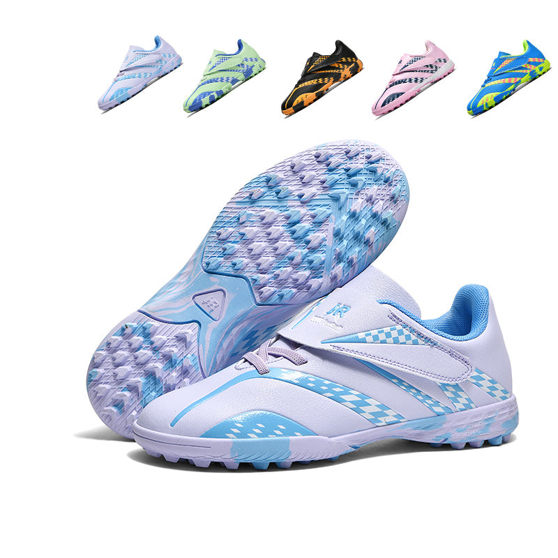 Turf Soccer Cleats, Hook-and-Loop Football Shoes with Checkerboard & Camo Print, Breathable Athletic Boots for Boys  Girls-Hxh-HR588
