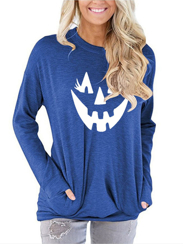 Women's Halloween face print round neck Pullover