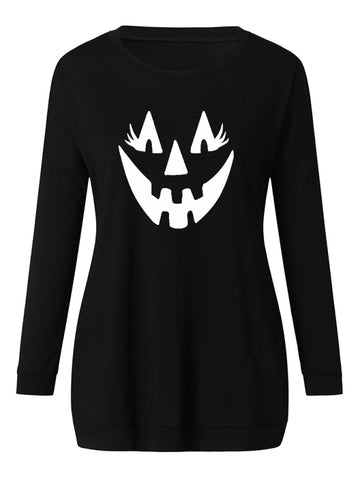 Women's Halloween face print round neck Pullover