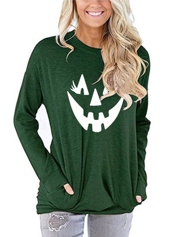 Women's Halloween face print round neck Pullover