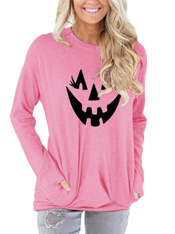 Women's Halloween face print round neck Pullover