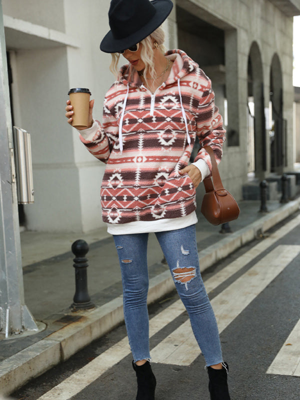 Women's Hooded Fleece Christmas Graphic Print Zip-Up Top