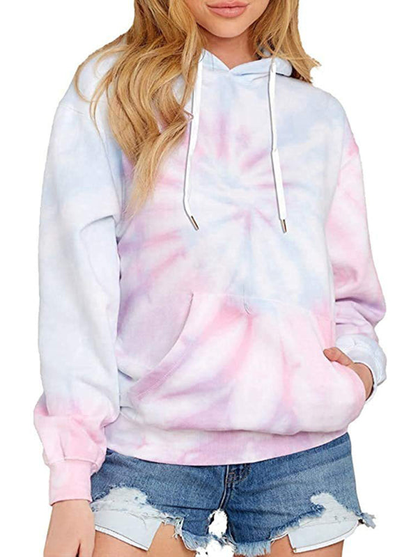 Spring autumn winter new women's top tie-dye hooded long-sleeved pocket sweater