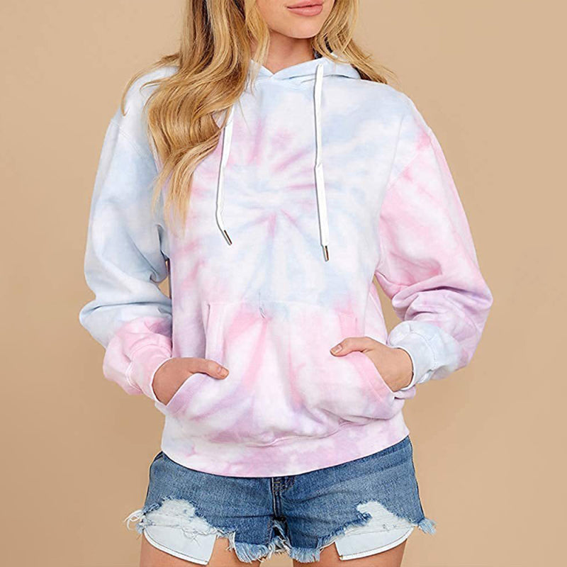 Spring autumn winter new women's top tie-dye hooded long-sleeved pocket sweater